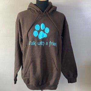 Walk With A Friend Dog Paw Print Hoodie Dark Brown w Cyan Blue Print Sz M NWOT